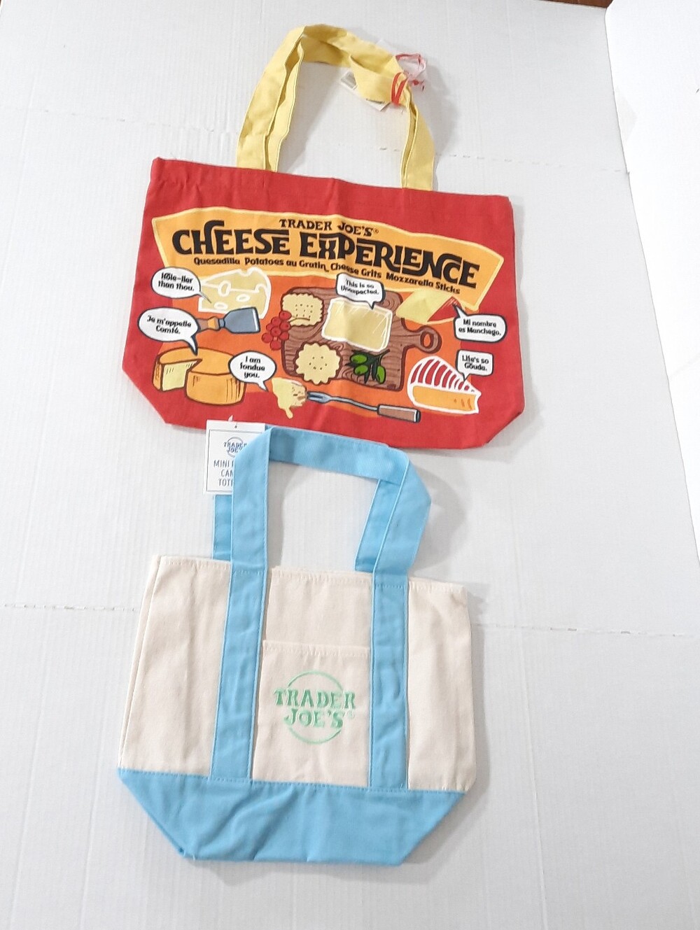 Trader Joe's Past Blue Mini Tote & Trader Joe's Cheese Experience Tote Bag NWT
